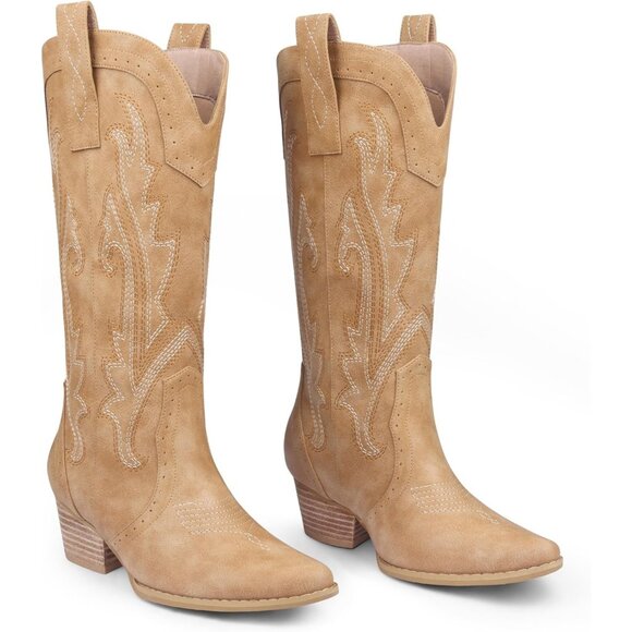 ⚡Women Brown Synthetic Mid-calf Cowboy Pointy Toe Chunky Heels Western Boots - Picture 1 of 9